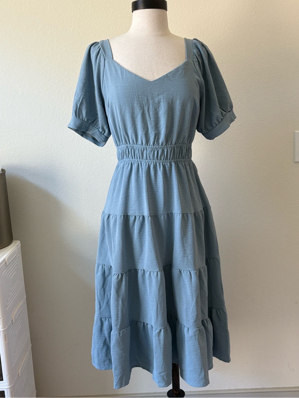 Blue Tiered Puff Sleeve Midi Dress